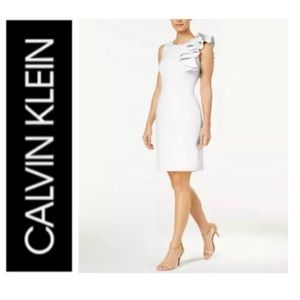 🌺 CALVIN KLEIN White Sleeveless Ruffle Knee Length Sheath Dress NWT $109 Sz 8